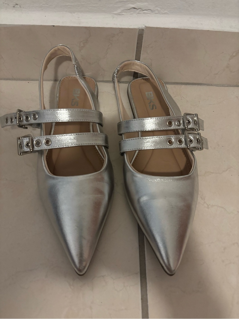 Pointed Silver Slingback Flats with Double Buckle Straps